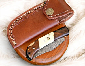 Handmade Damascus Steel Pocket Knife – Rosewood & Bone by Damascus Knife Store, Damascus knife detail photo 2