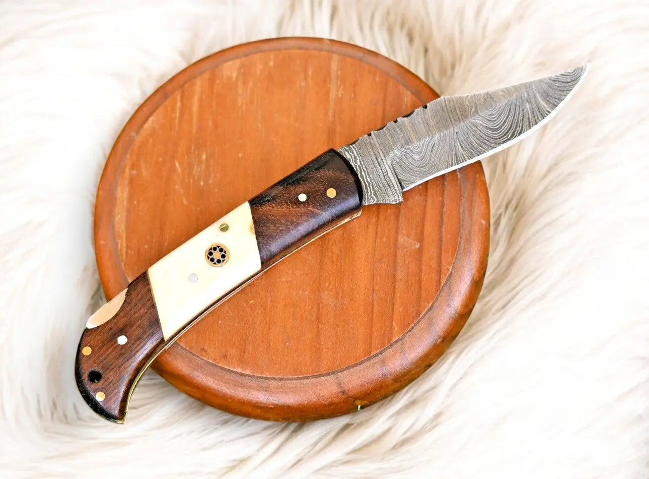 Handmade Damascus Steel Pocket Knife – Rosewood & Bone by Damascus Knife Store, Damascus knife detail photo 3