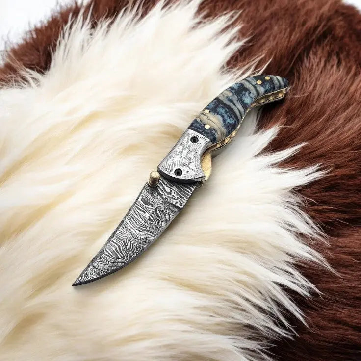 Handmade Damascus Steel Pocket Knife with Epoxy Handle by Damascus Knife Store, Damascus knife main product photo