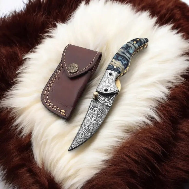 Handmade Damascus Steel Pocket Knife with Epoxy Handle by Damascus Knife Store, Damascus knife detail photo 2