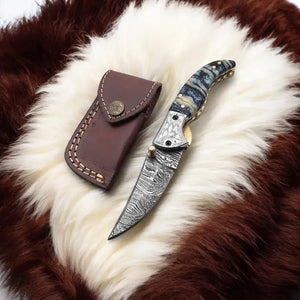 Handmade Damascus Steel Pocket Knife with Epoxy Handle by Damascus Knife Store, Damascus knife detail photo 2