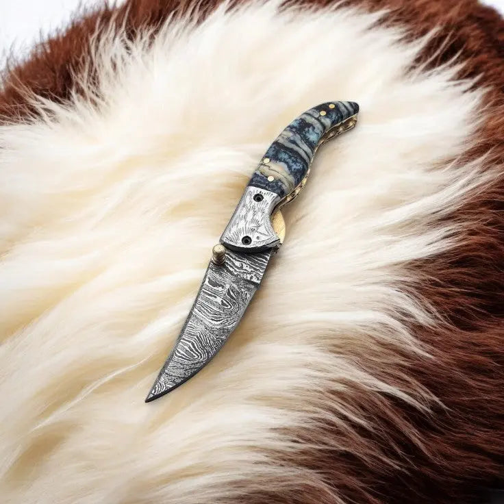 Handmade Damascus Steel Pocket Knife with Epoxy Handle by Damascus Knife Store, Damascus knife detail photo 3