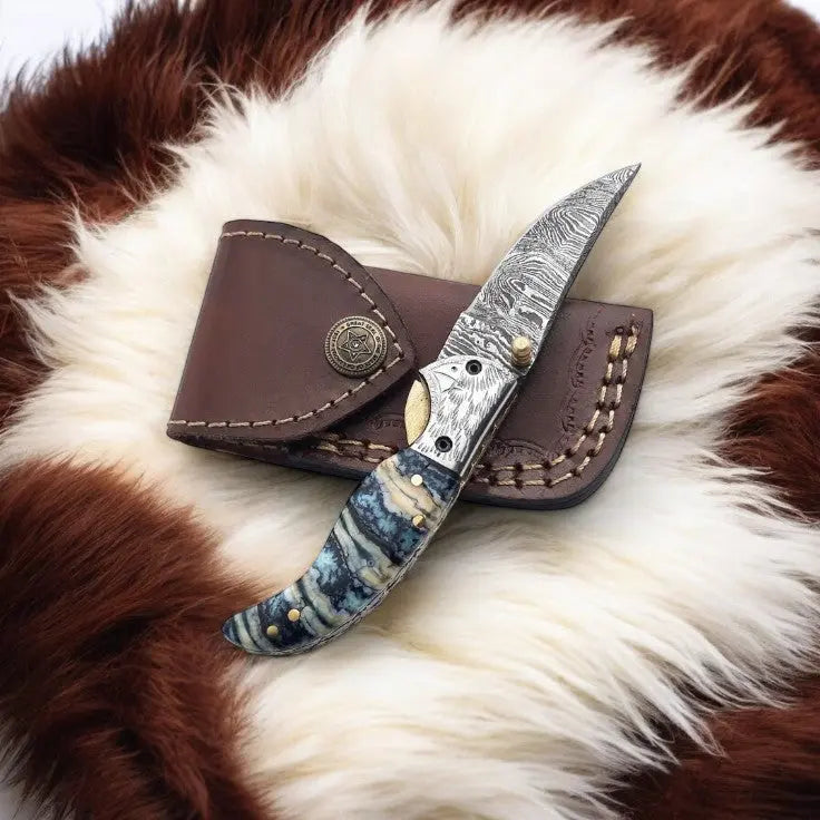 Handmade Damascus Steel Pocket Knife with Epoxy Handle by Damascus Knife Store, Damascus knife detail photo 4