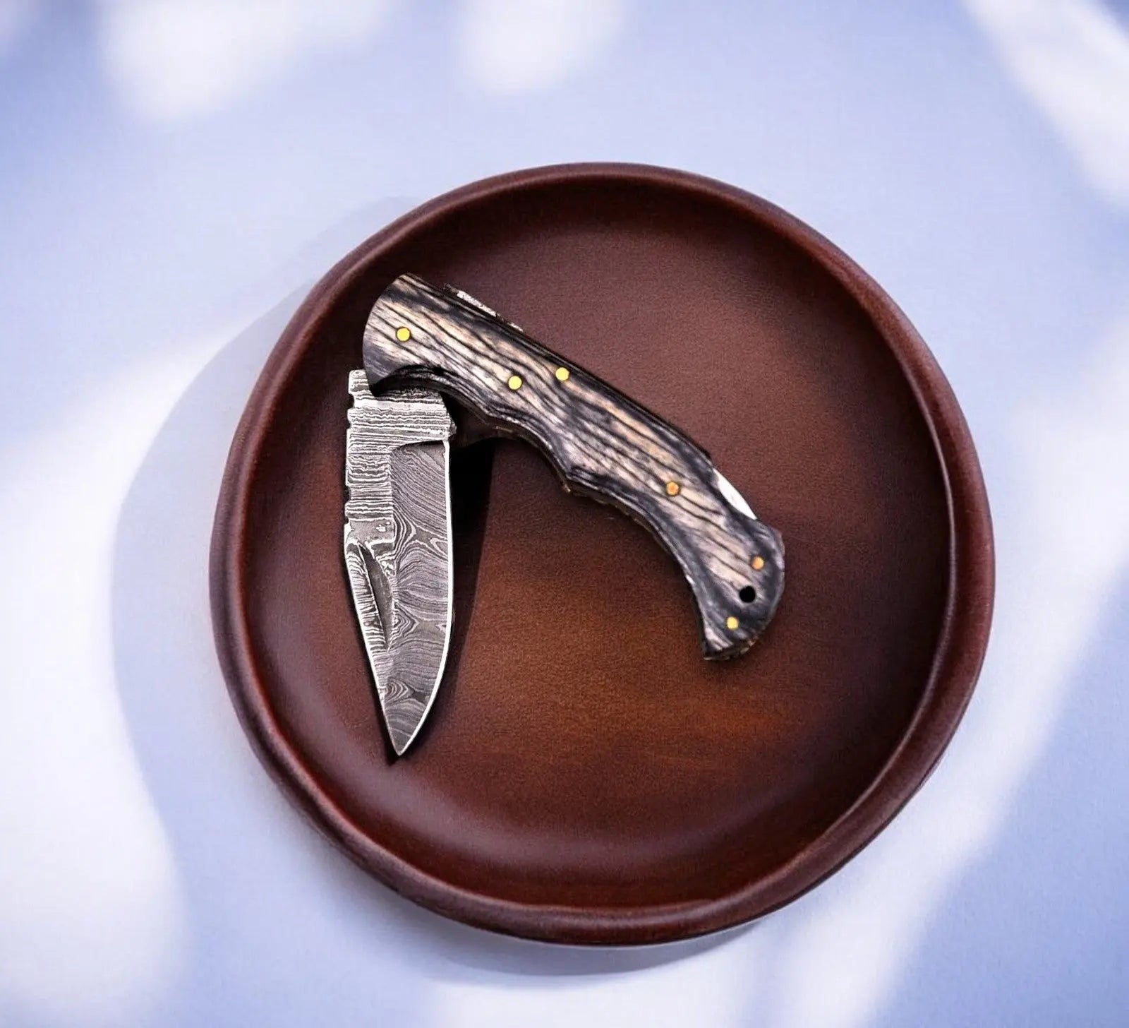 Handmade Damascus Steel Pocket Knife with Wood Handle by Damascus Knife Store, Damascus knife main product photo