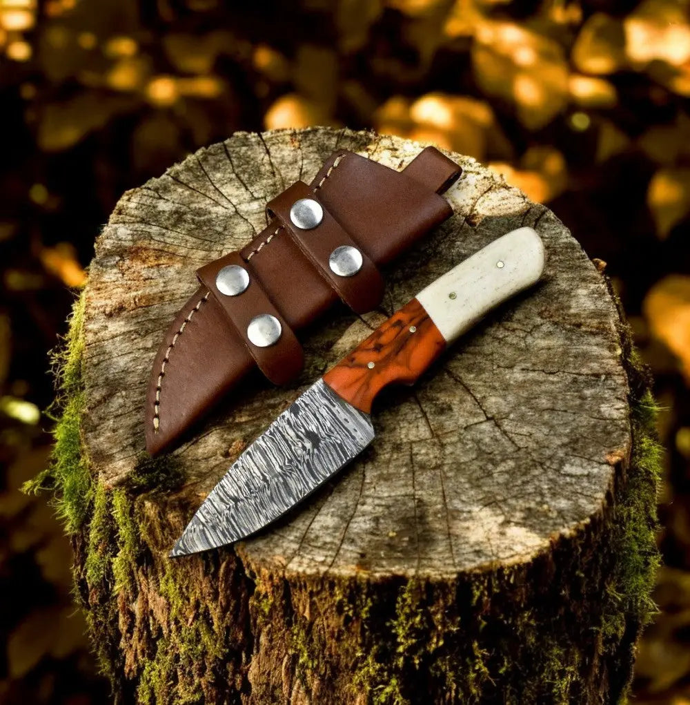 Handmade Damascus Steel Skinning Knife – 7.5" with Resin & Bone Handle by Damascus Knife Store, Damascus knife main product photo