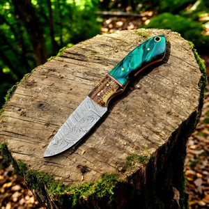 Handmade Damascus Steel Skinning Knife with Antler Horn Handle by Damascus Knife Store, Damascus knife main product photo