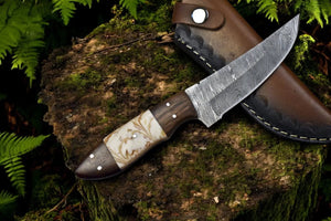 Handmade Damascus Steel Skinning Knife with Leather Sheath by Damascus Knife Store, leather knife sheath main product photo