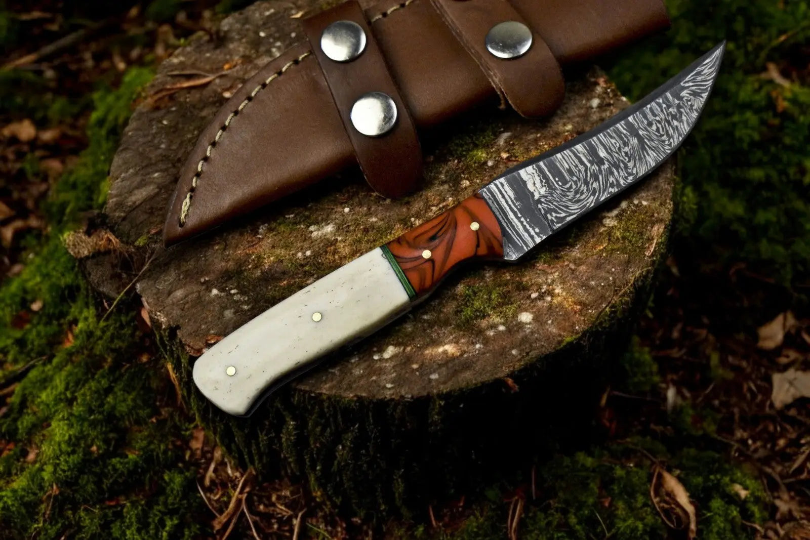 Handmade Damascus Steel Skinning Knife with Leather Sheath by Damascus Knife Store, leather knife sheath main product photo