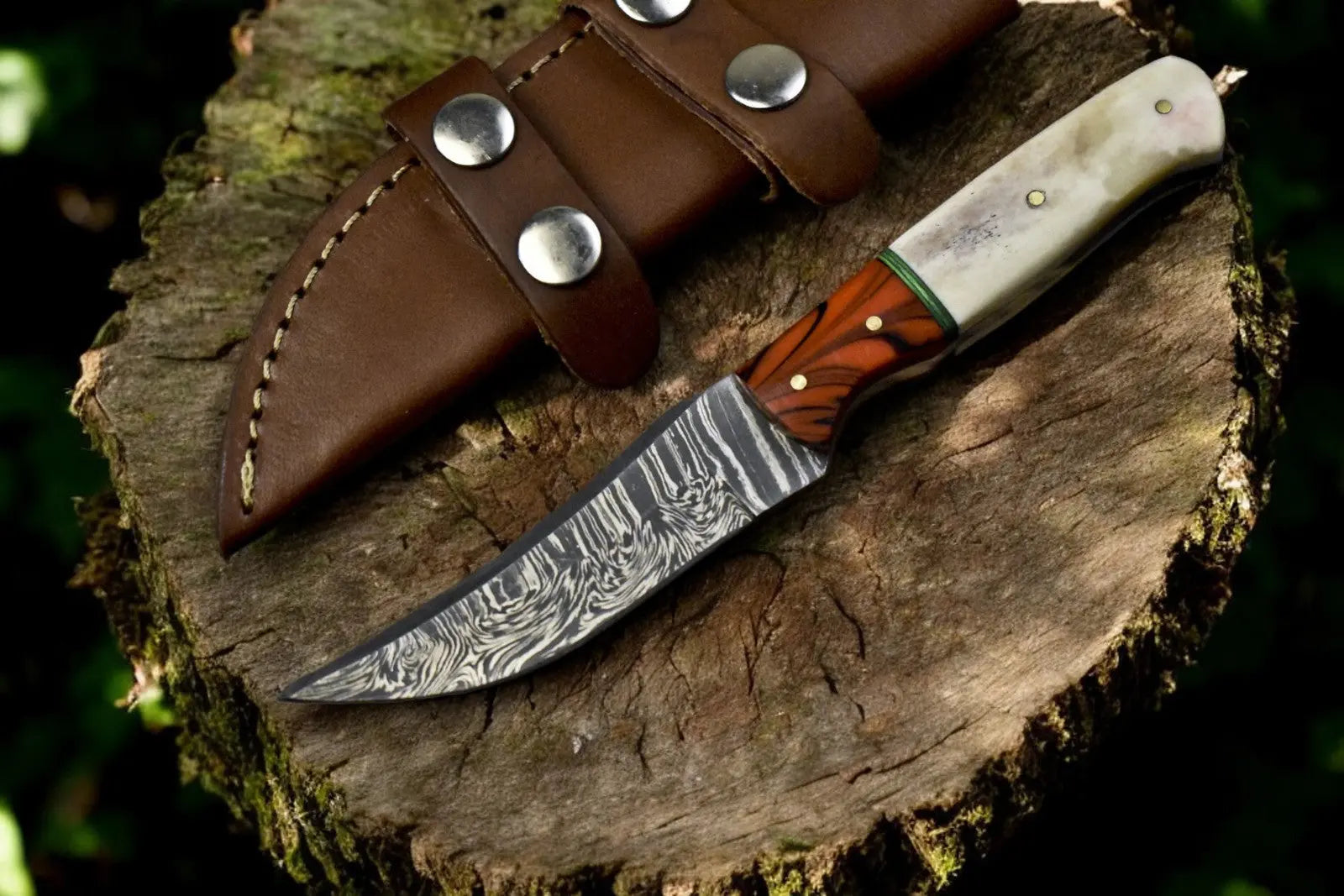 Handmade Damascus Steel Skinning Knife with Leather Sheath by Damascus Knife Store, leather knife sheath detail photo 3