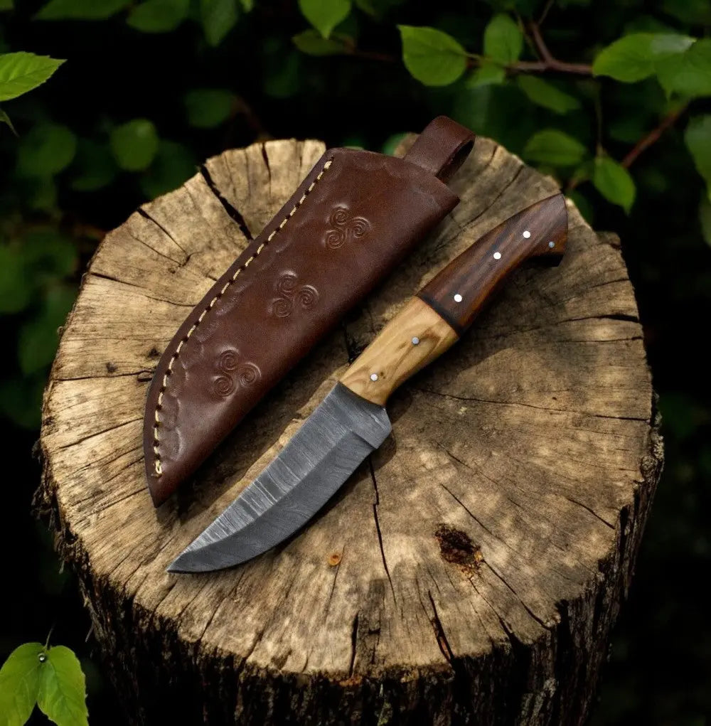 Handmade Damascus Steel Skinning Knife with Rosewood & Olivewood Handle by Damascus Knife Store, Damascus knife main product photo