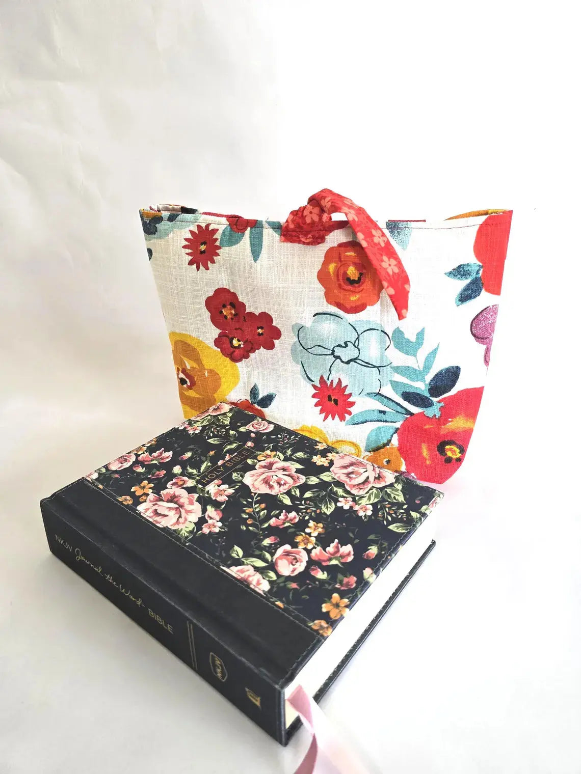 Handmade Floral Bible Tote Bag – Christian Church Bag for Women, Red Strap Scripture Carryall, Faith Gift for Her by Maypop House Designs, handmade leather goods detail photo 8