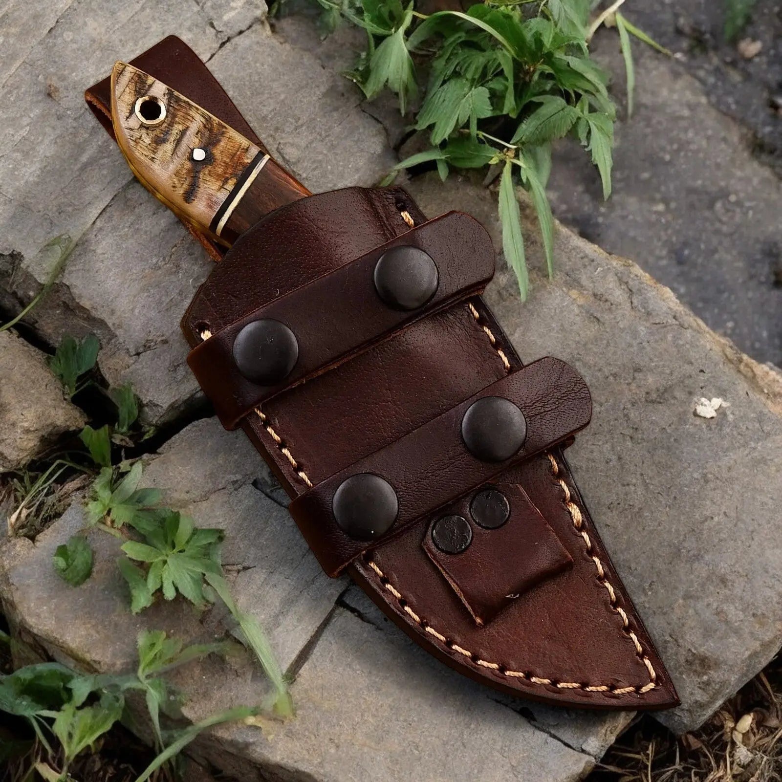 Handmade High-Carbon Steel Hunting Knife – 8" with Sheath by Damascus Knife Store, leather knife sheath detail photo 6