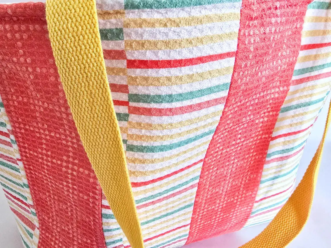 Handmade Terry Cloth Beach Tote – Striped Pool Bag with Yellow Straps by Maypop House Designs, handmade leather goods detail photo 6