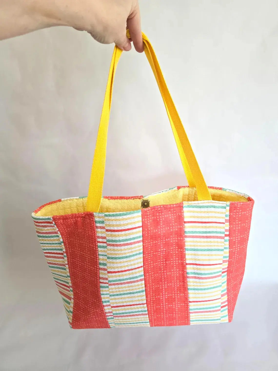 Handmade Terry Cloth Beach Tote – Striped Pool Bag with Yellow Straps by Maypop House Designs, handmade leather goods detail photo 8