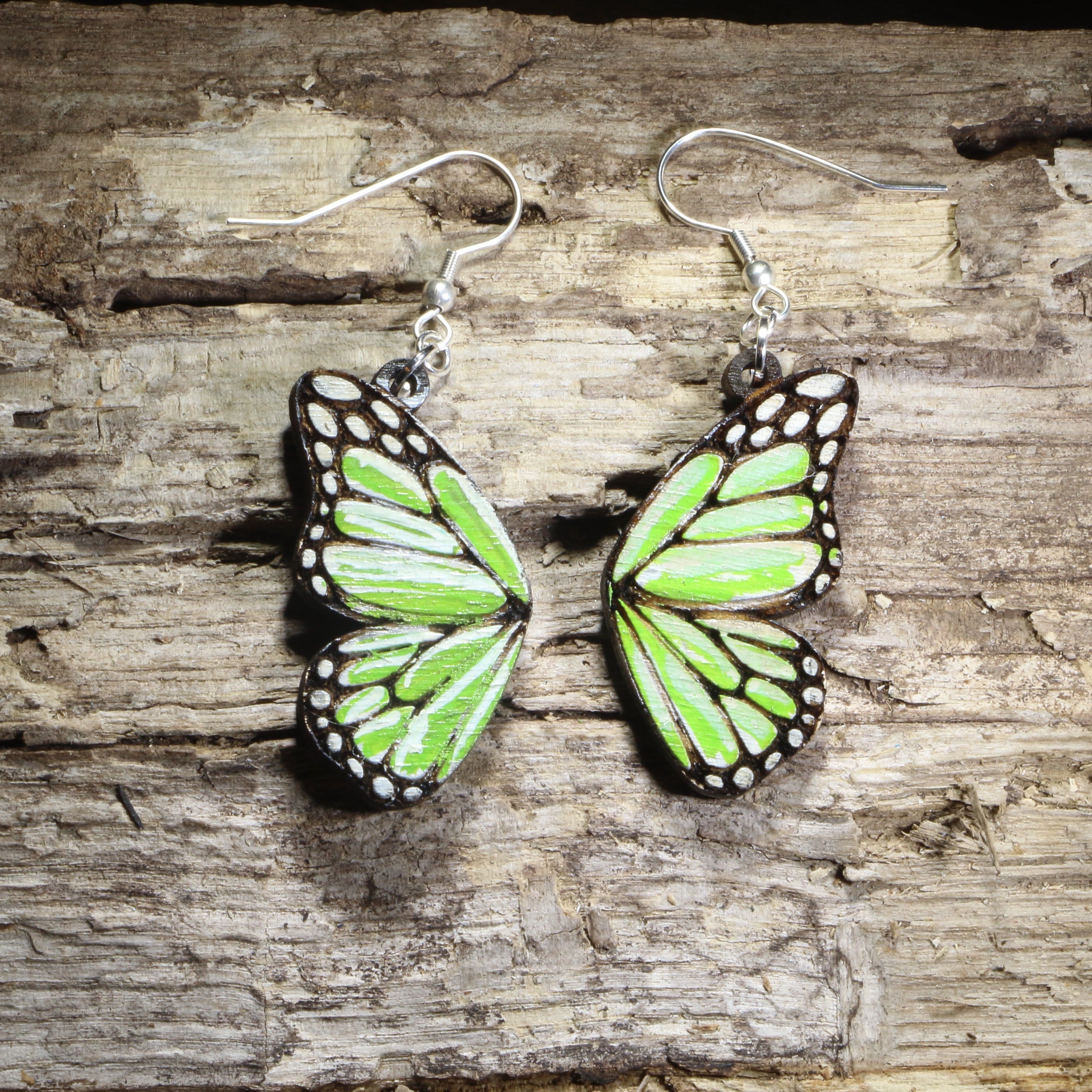 Green Butterfly Wing Wooden Dangle Earrings | Nature Jewelry by Cate's Concepts, LLC