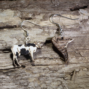 Cow and Tornado Wooden Earrings | Funny Weather Storm Jewelry by Cate's Concepts, LLC