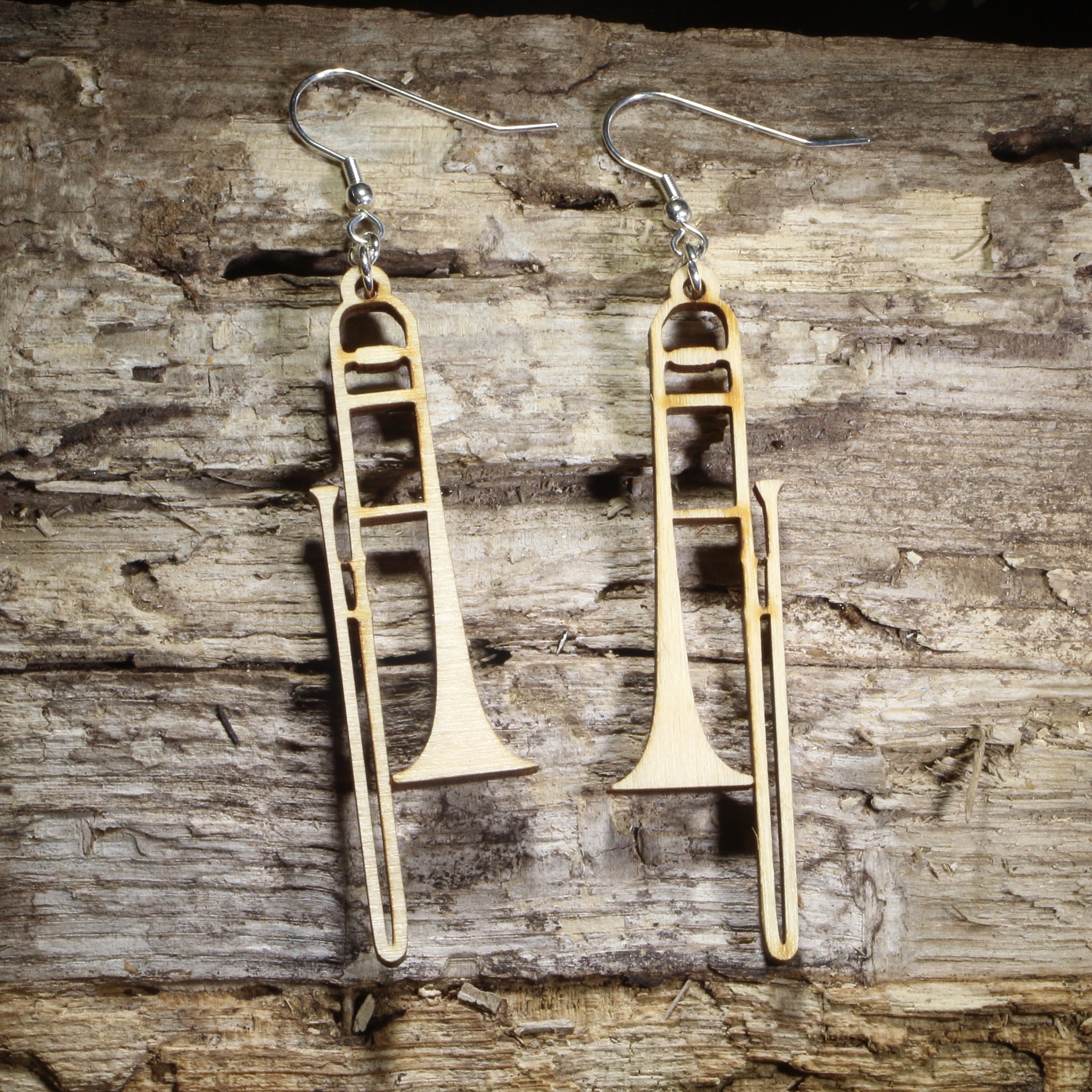 Trombone Wooden Dangle Earrings | Band Instrument Jewelry by Cate's Concepts, LLC