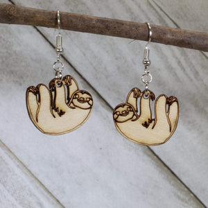 Hanging Sloth Wooden Dangle Earrings | Cute Animal Jewelry by Cate's Concepts, LLC, handmade jewelry main product photo