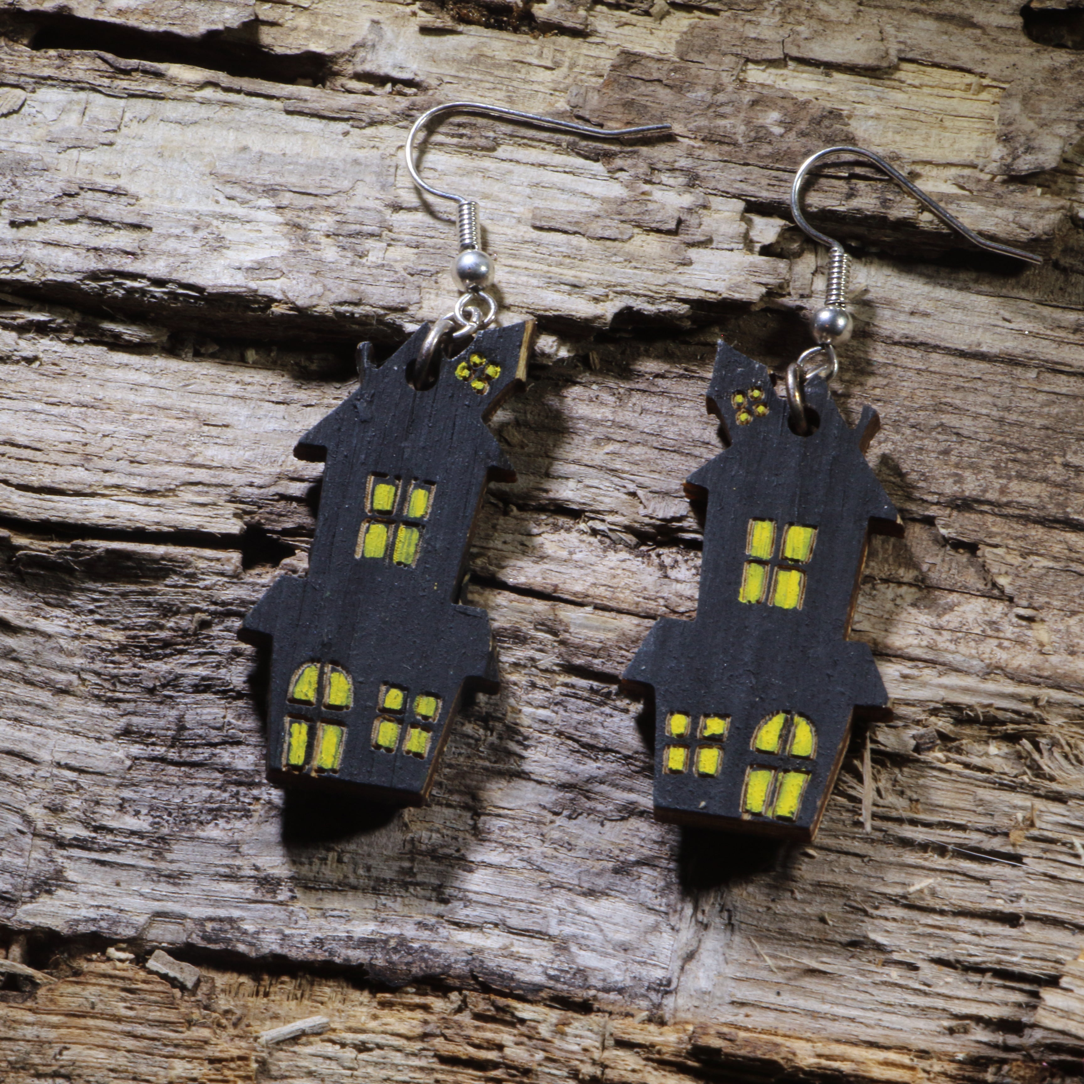 Haunted House Wooden Dangle Earrings | Halloween Spooky Jewelry by Cate's Concepts, LLC