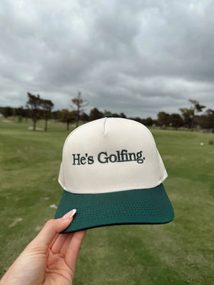 He's Golfing - Green Vintage Trucker Hat by KenzKustomz, Southern lifestyle apparel main product photo