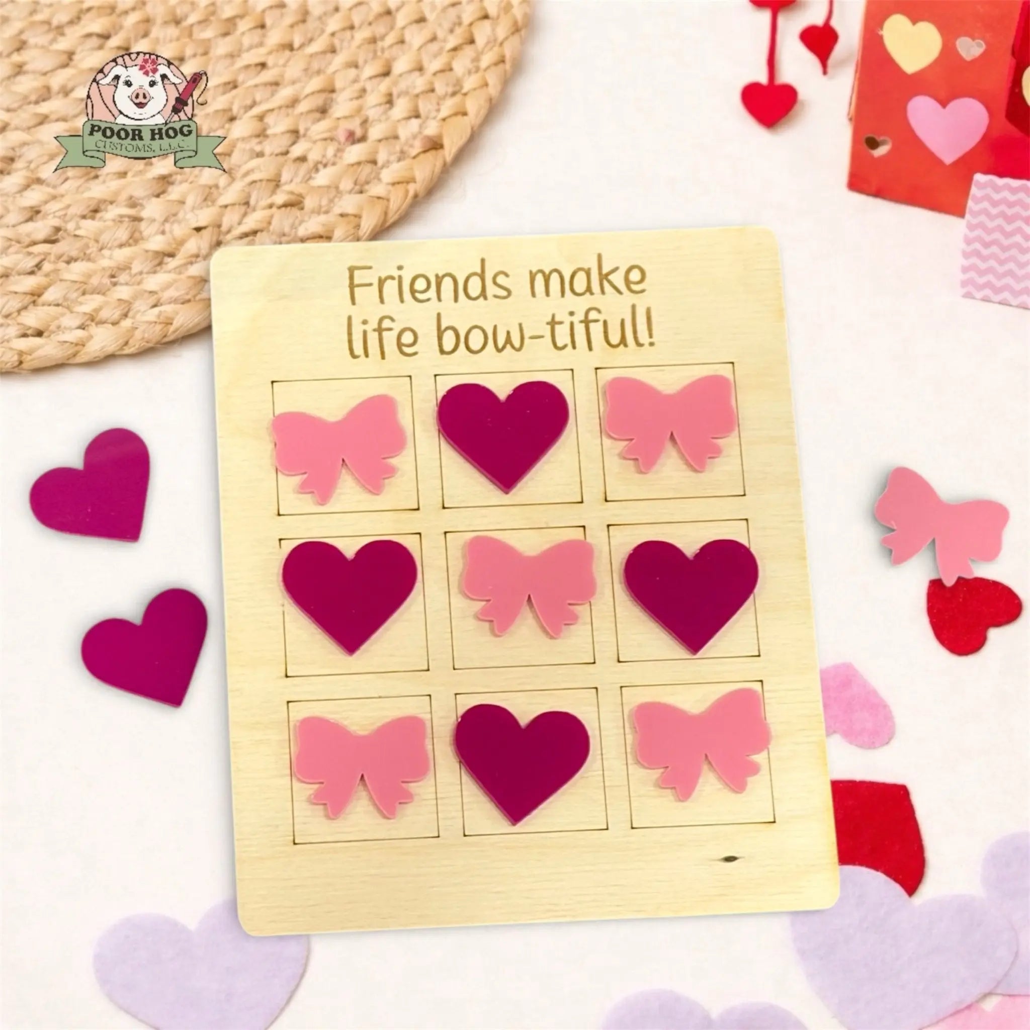 Heart and Bow Tic Tac Toe Valentine Game by Poor Hog Customs, board games main product photo
