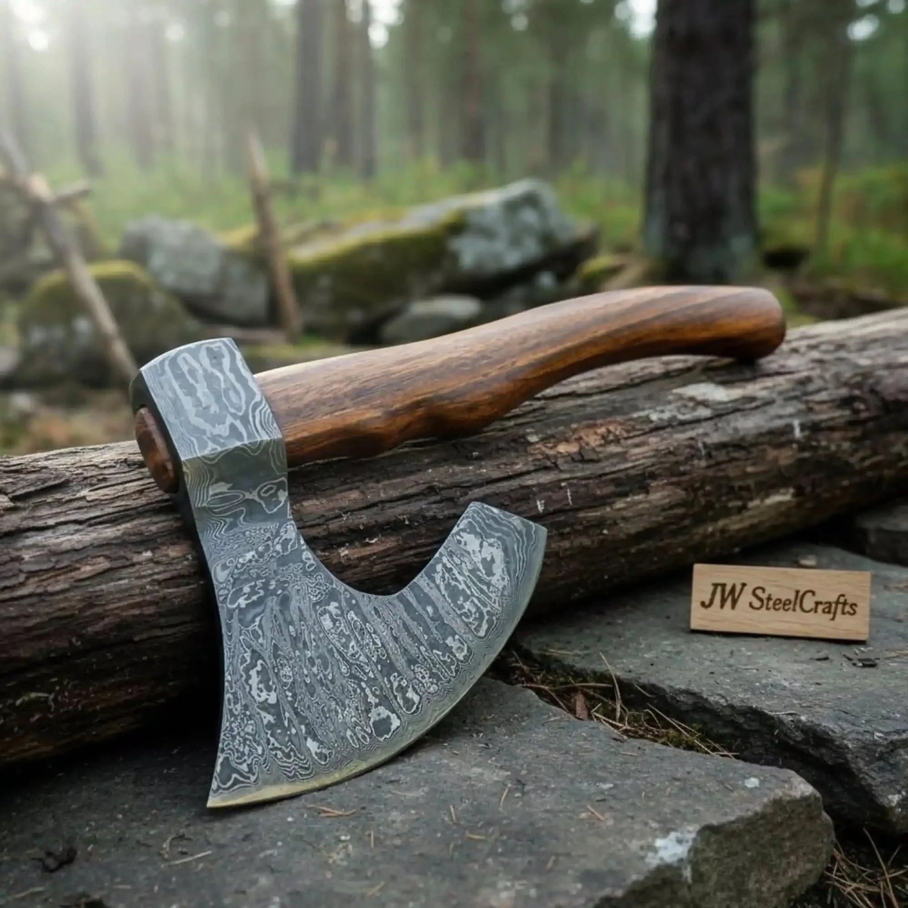 Damascus Steel Camp Axe with 19 Inch Rosewood Handle, Handmade Bushcraft Hatchet with Leather Sheath by JW SteelCrafts, leather knife sheath detail photo 3
