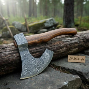 Damascus Steel Camp Axe with 19 Inch Rosewood Handle, Handmade Bushcraft Hatchet with Leather Sheath by JW SteelCrafts, leather knife sheath detail photo 3