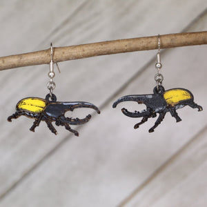 Hercules Beetle Wooden Dangle Earrings | Realistic Insect Jewelry detail view by Cate's Concepts, LLC