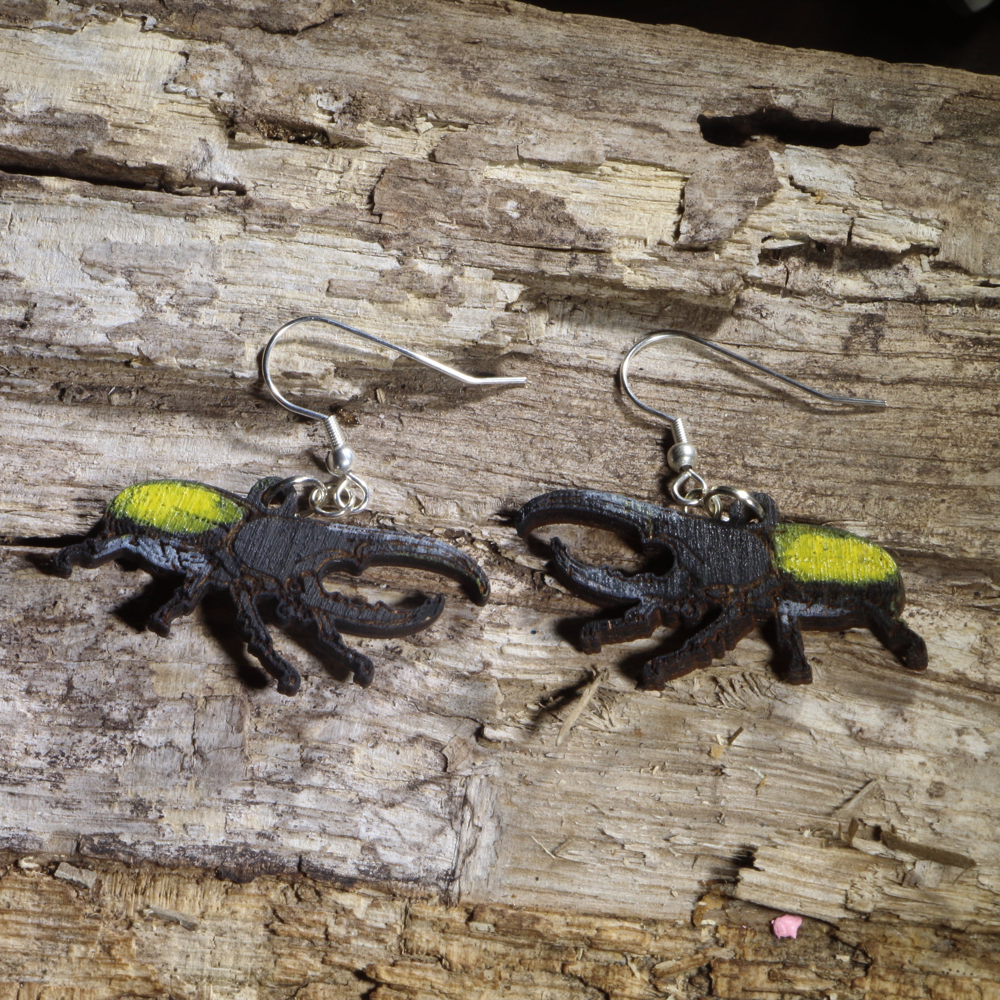 Hercules Beetle Wooden Dangle Earrings | Realistic Insect Jewelry by Cate's Concepts, LLC
