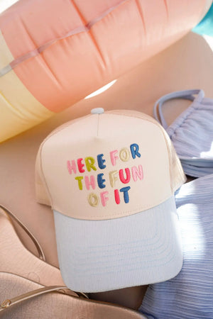 Here for the Fun of it - Baby Blue Corduroy Trucker Hat by KenzKustomz, Southern lifestyle apparel main product photo