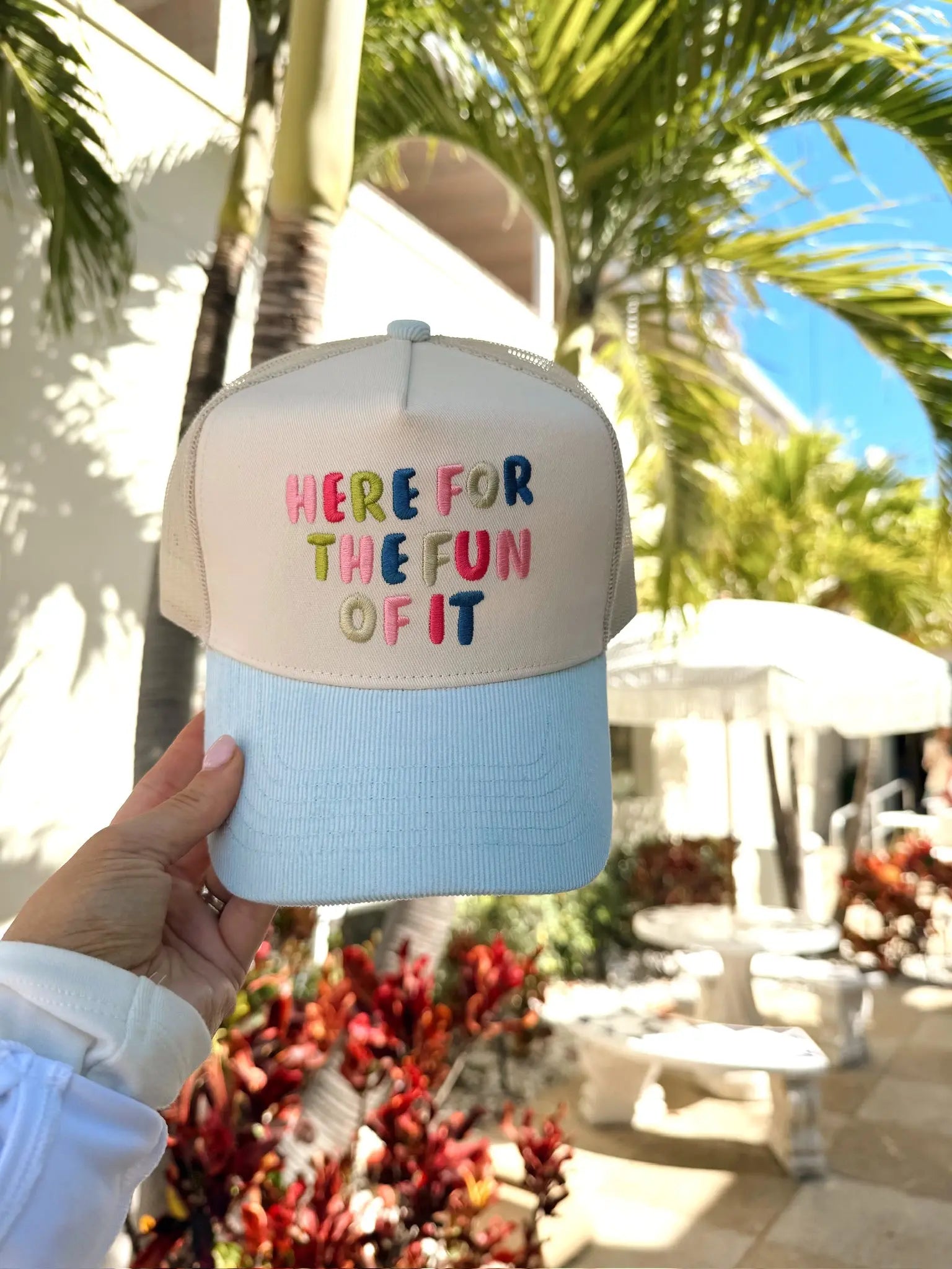 Here for the Fun of it - Baby Blue Corduroy Trucker Hat by KenzKustomz, Southern lifestyle apparel detail photo 2