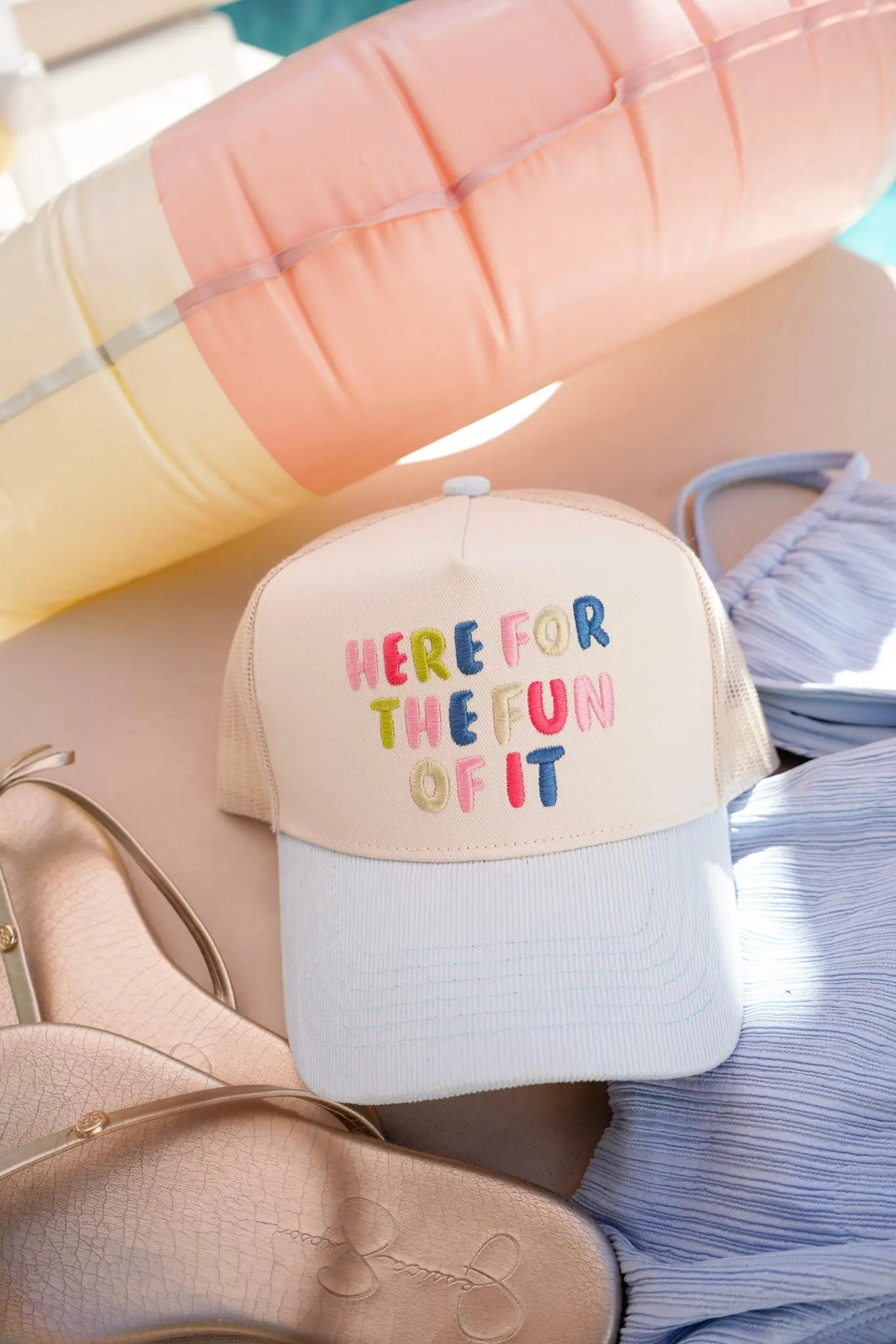 Here for the Fun of it - Baby Blue Corduroy Trucker Hat by KenzKustomz, Southern lifestyle apparel detail photo 3