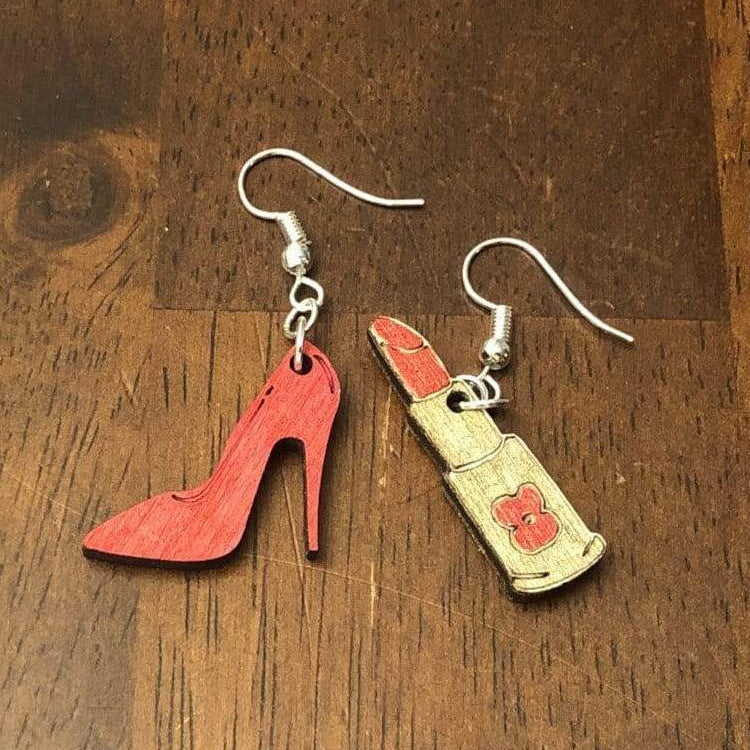 High Heel and Lipstick Wooden Dangle Earrings | Glam Beauty Jewelry by Cate's Concepts, LLC