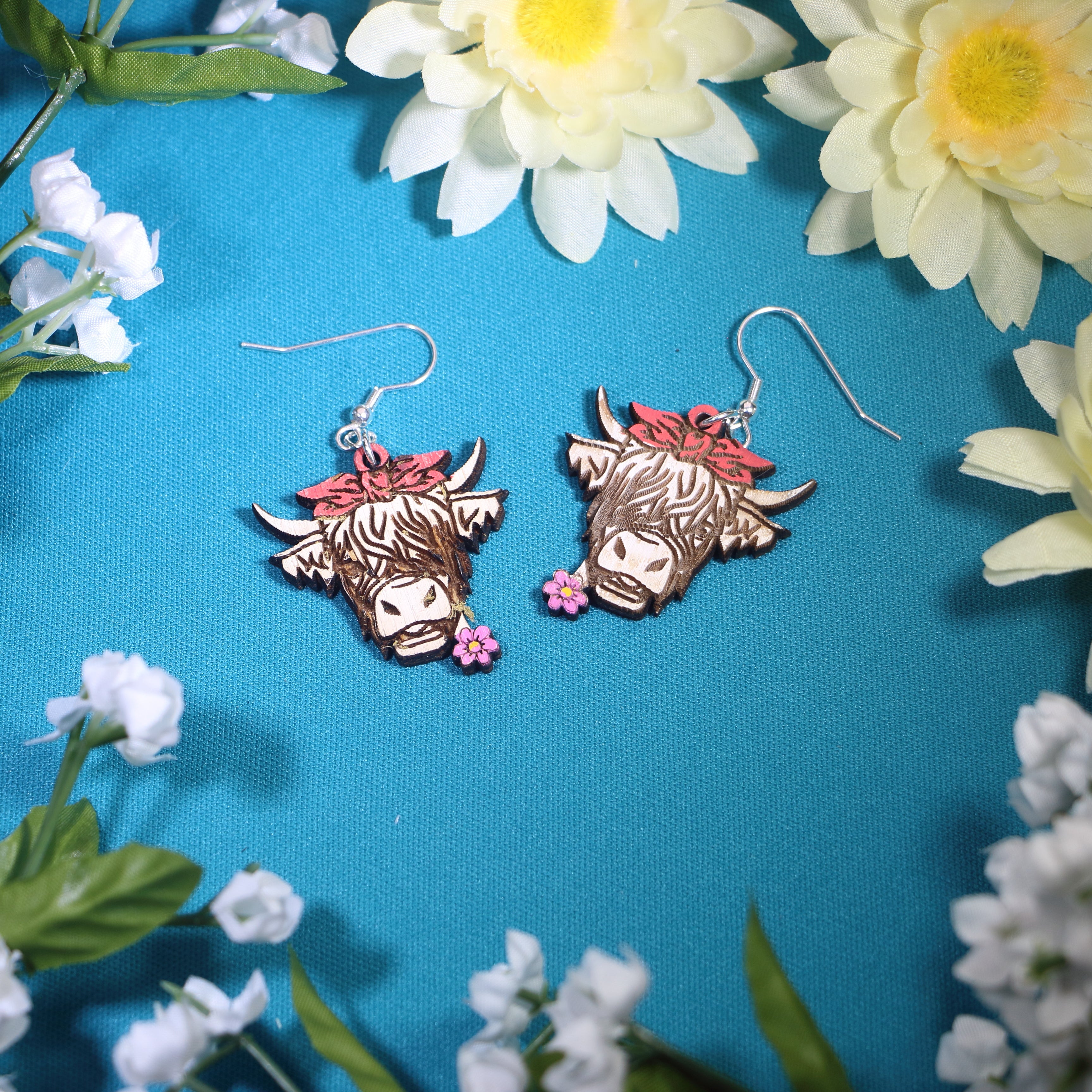 Highland Cow with Flower Wooden Dangle Earrings | Farm Animal Jewelry detail view by Cate's Concepts, LLC