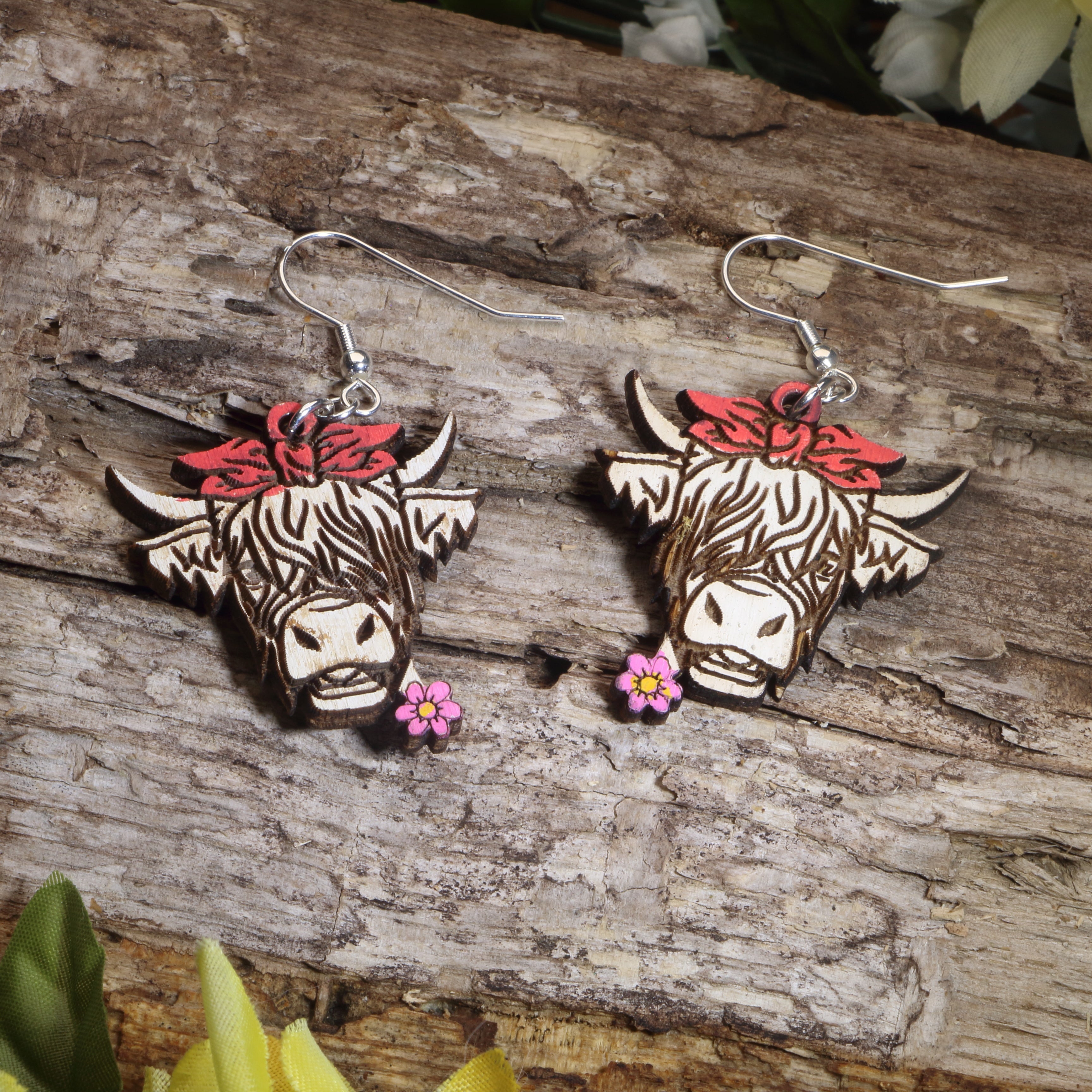 Highland Cow with Flower Wooden Dangle Earrings | Farm Animal Jewelry by Cate's Concepts, LLC