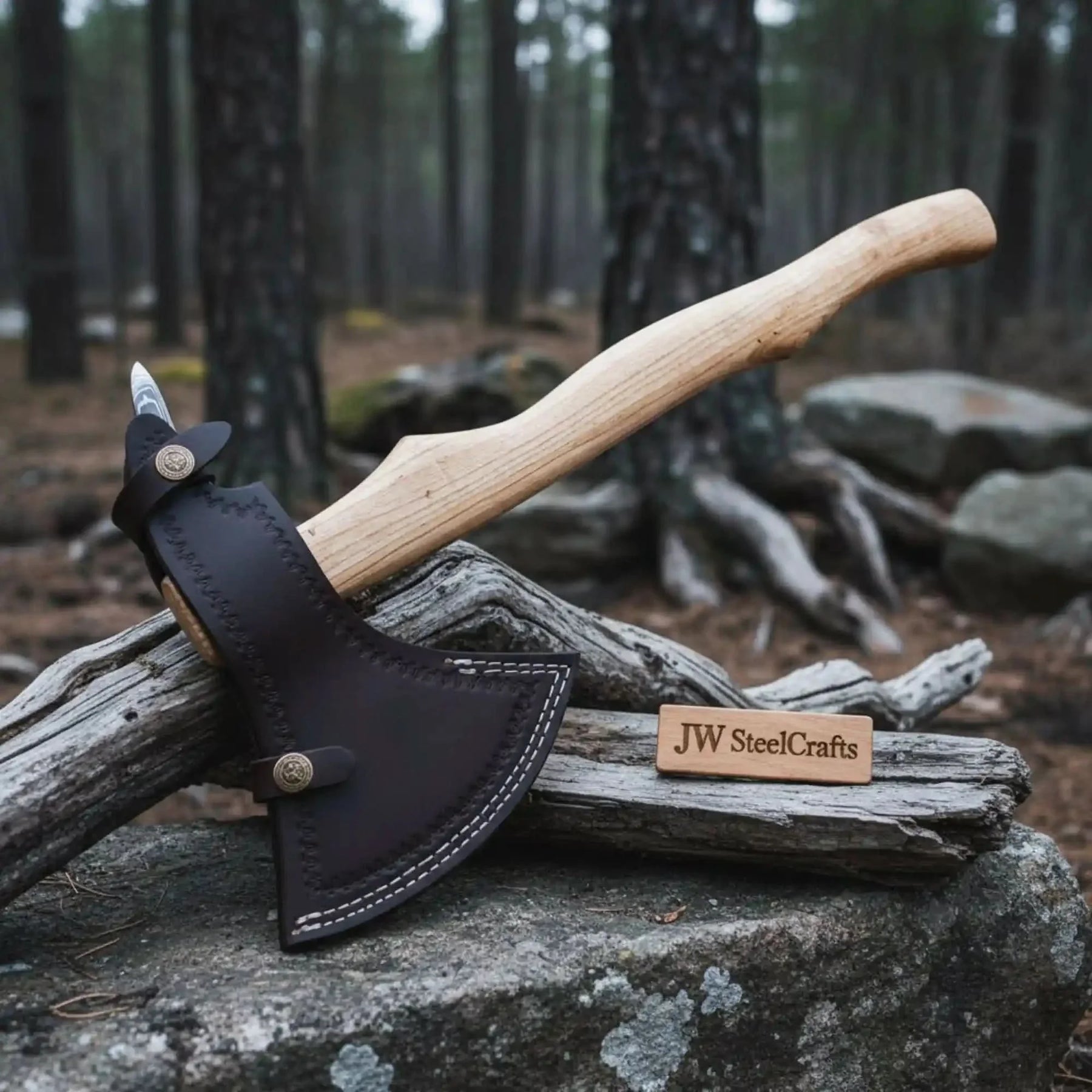 Damascus Camping Axe with 22 Inch Ash Handle – Hand Forged Bushcraft Axe with Leather Sheath | JW SteelCrafts detail view by