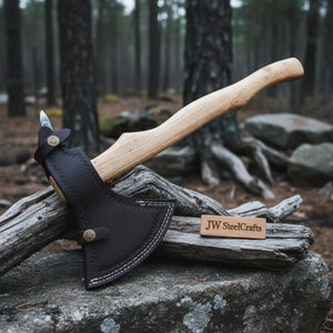 Damascus Camping Axe with 22 Inch Ash Handle – Hand Forged Bushcraft Axe with Leather Sheath | JW SteelCrafts detail view by
