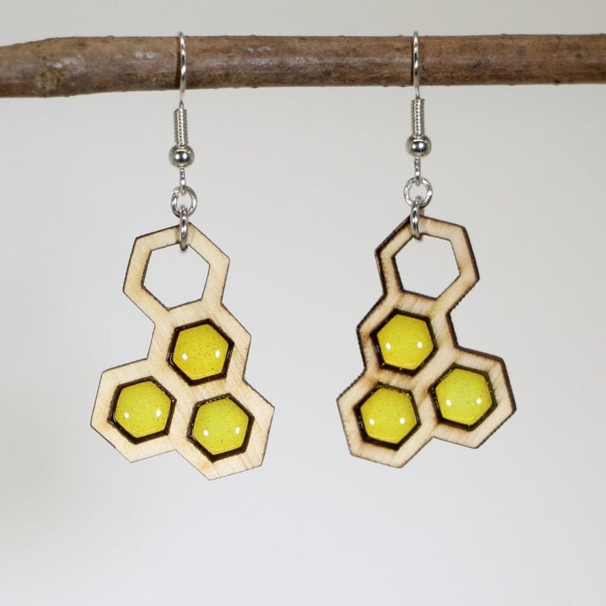 Honeycomb Wooden Earrings | Bee Nature Geometric Jewelry by Cate's Concepts, LLC, Southern food gift main product photo