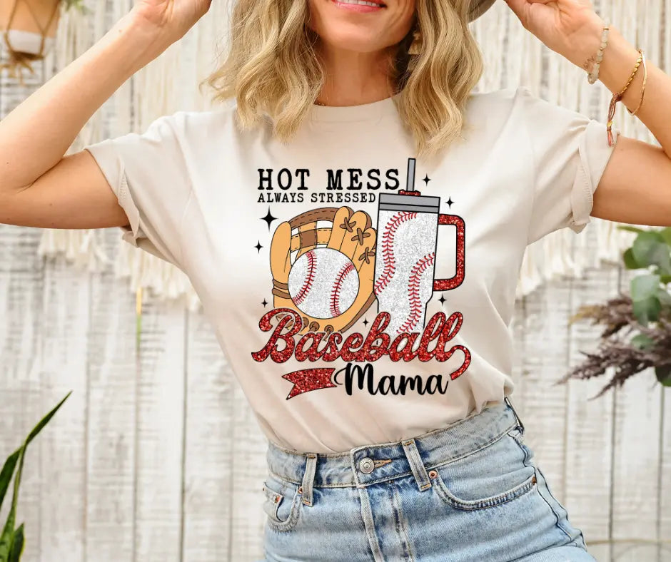 Hot Mess Always Stressed Baseball Mama by Southern Backroad Tees LLC, graphic tee main product photo