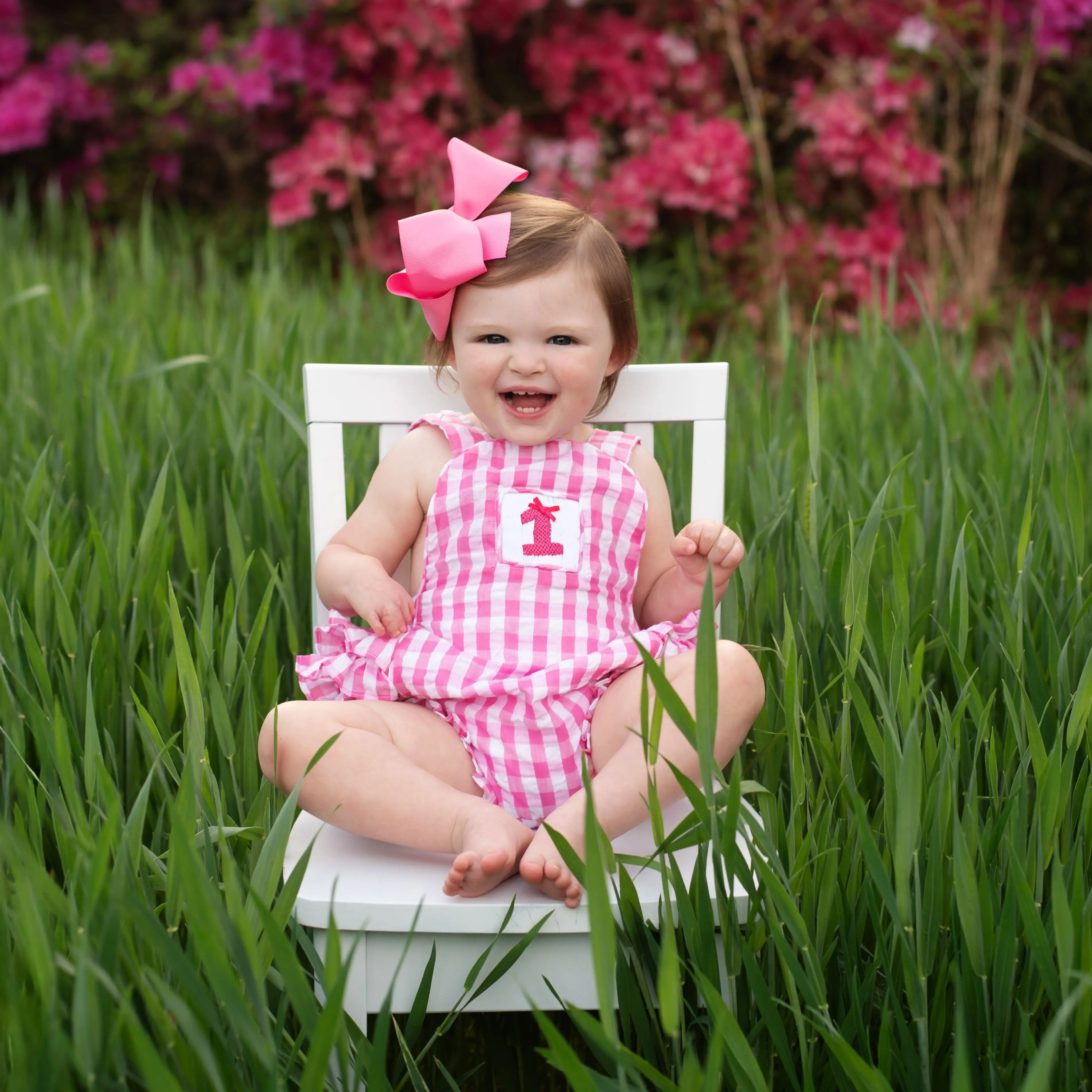 Hot Pink First Birthday Bubble by Seven Lantern Lane, children's boutique clothing detail photo 2