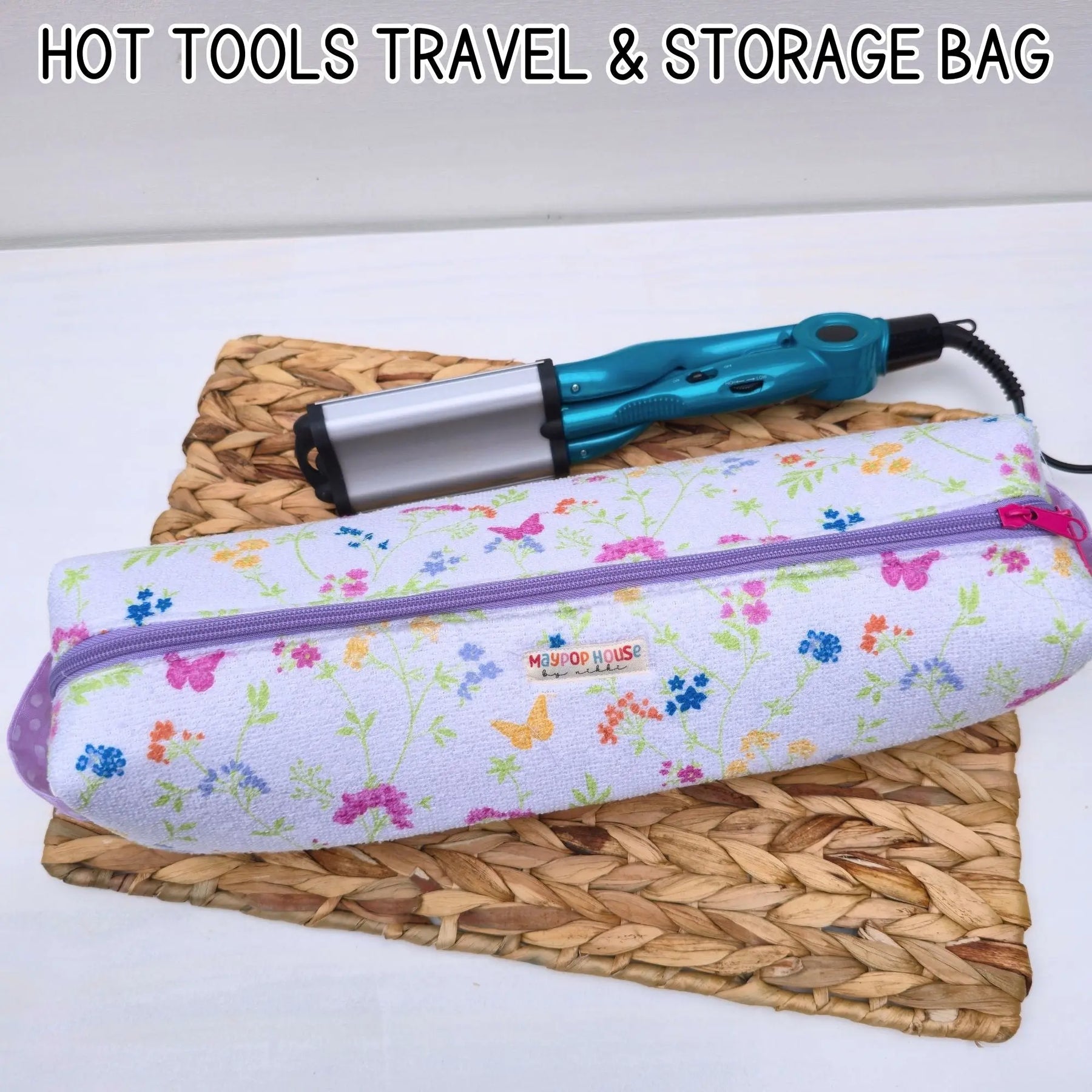 Hot Tool Storage Bag, Floral Boxy Zipper Pouch, Hair Tool Travel Case, Curling Iron Storage, Blow Dryer Organizer by Maypop House Designs, natural skincare detail photo 7
