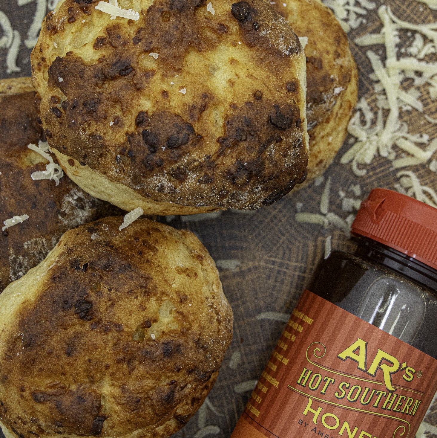 Hot Southern Honey Dubliner Irish Cheese Scones detail view by Two and a Half Irishmen - Traditional Irish Baking
