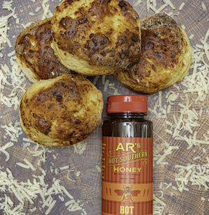 Hot Southern Honey Dubliner Irish Cheese Scones detail view by Two and a Half Irishmen - Traditional Irish Baking