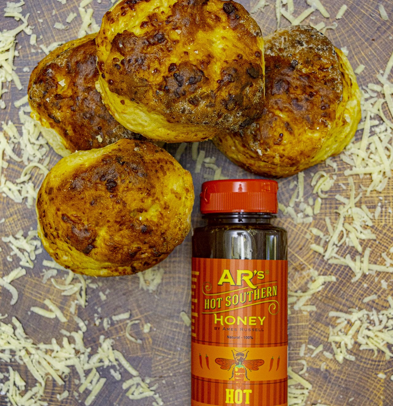 Hot Southern Honey Dubliner Irish Cheese Scones detail view by Two and a Half Irishmen - Traditional Irish Baking