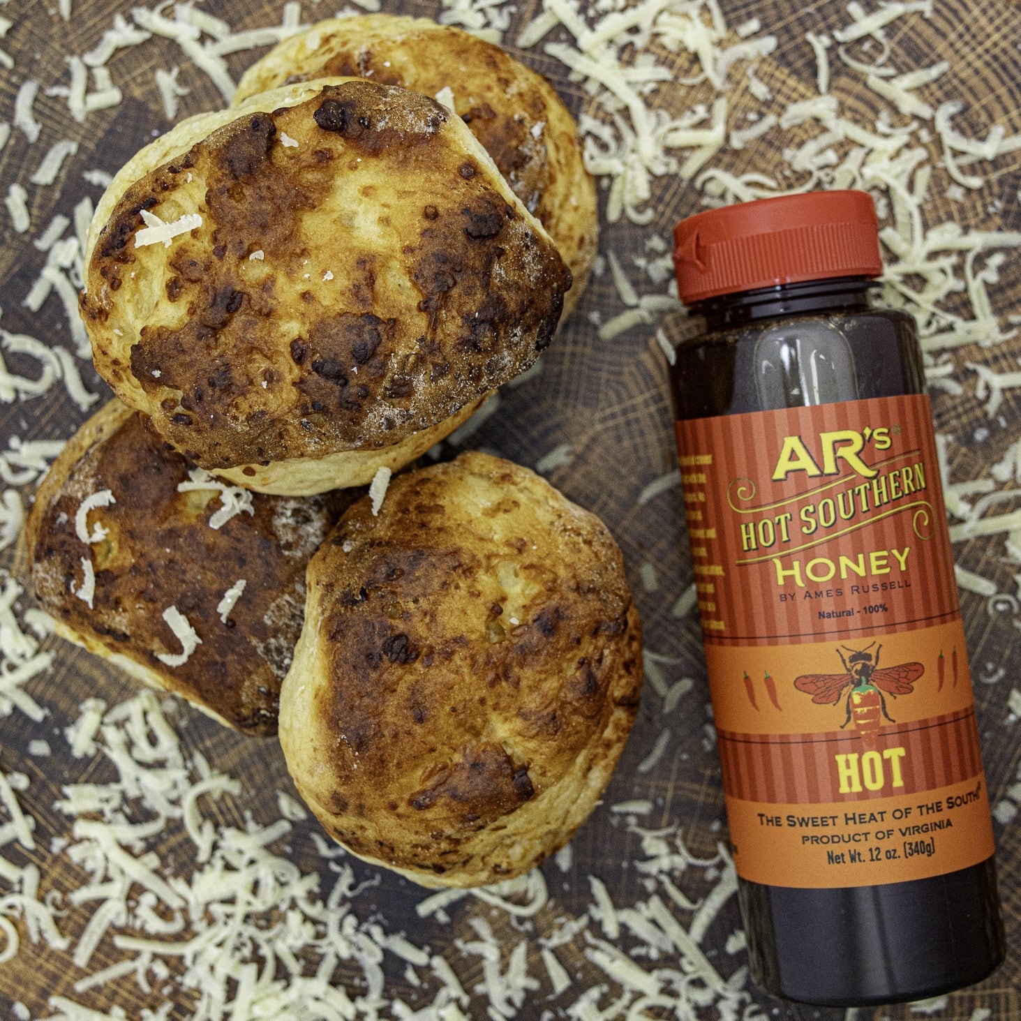 Hot Southern Honey Dubliner Irish Cheese Scones detail view by Two and a Half Irishmen - Traditional Irish Baking