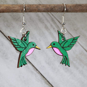 Hummingbird Wooden Dangle Earrings | Bird Jewelry detail view by Cate's Concepts, LLC