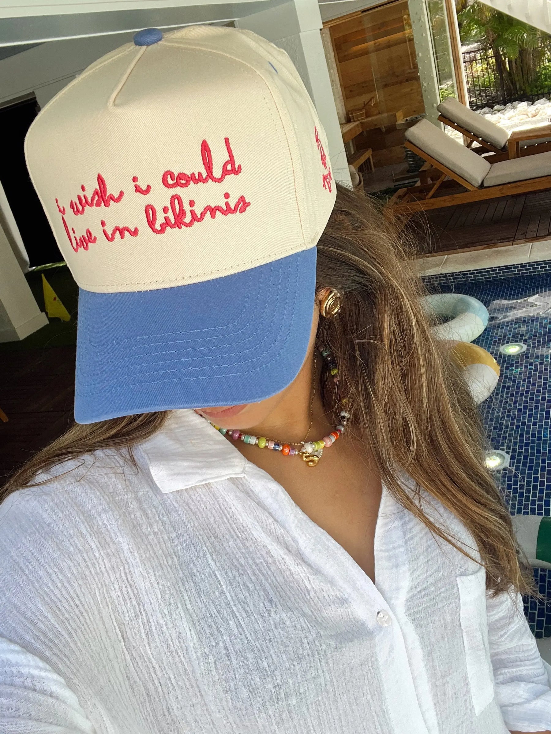I Wish I Could Live in Bikinis - Periwinkle Vintage Trucker Hat by KenzKustomz, Southern lifestyle apparel main product photo