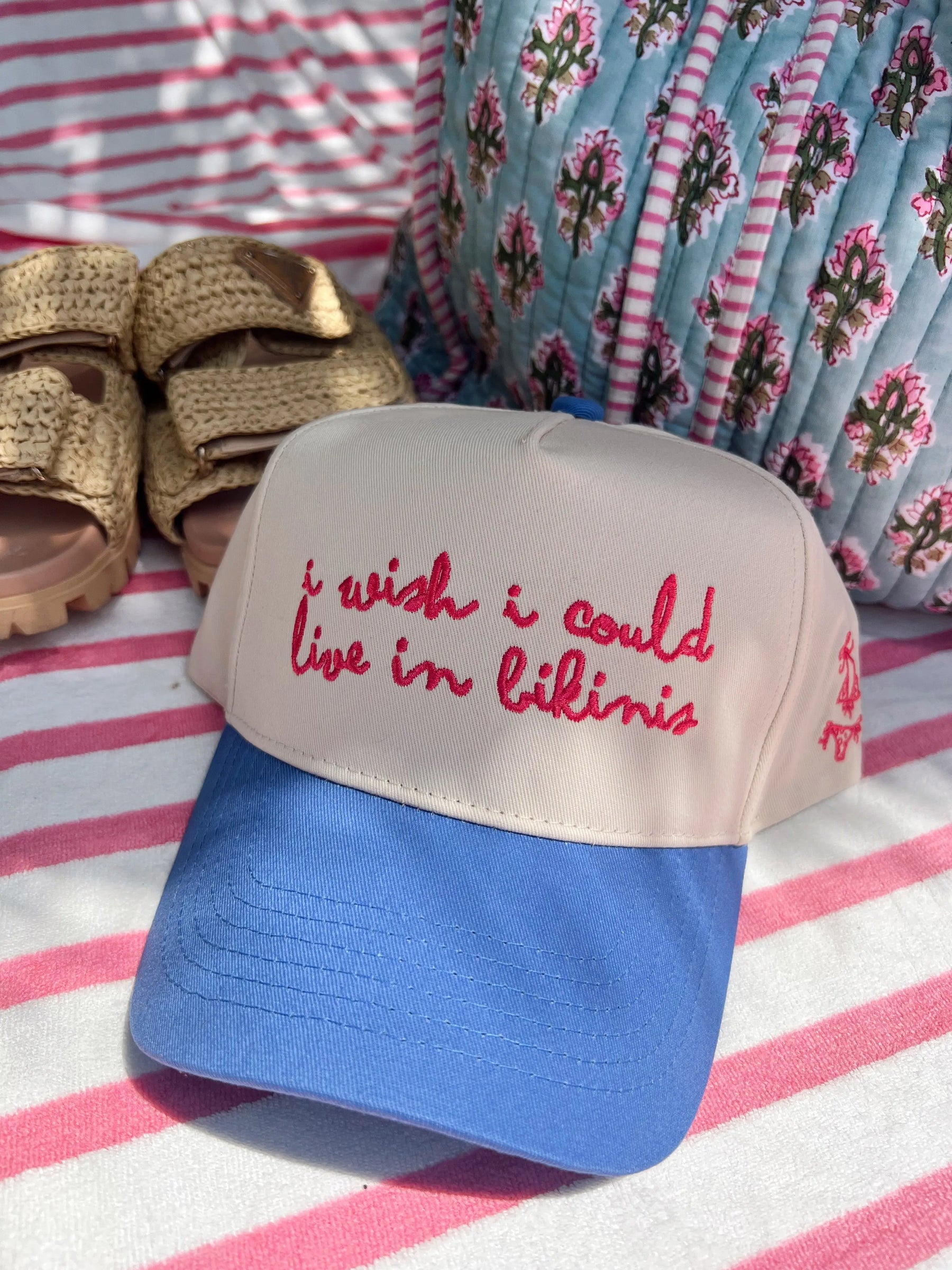 I Wish I Could Live in Bikinis - Periwinkle Vintage Trucker Hat by KenzKustomz, Southern lifestyle apparel detail photo 2