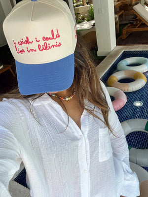 I Wish I Could Live in Bikinis - Periwinkle Vintage Trucker Hat by KenzKustomz, Southern lifestyle apparel detail photo 5
