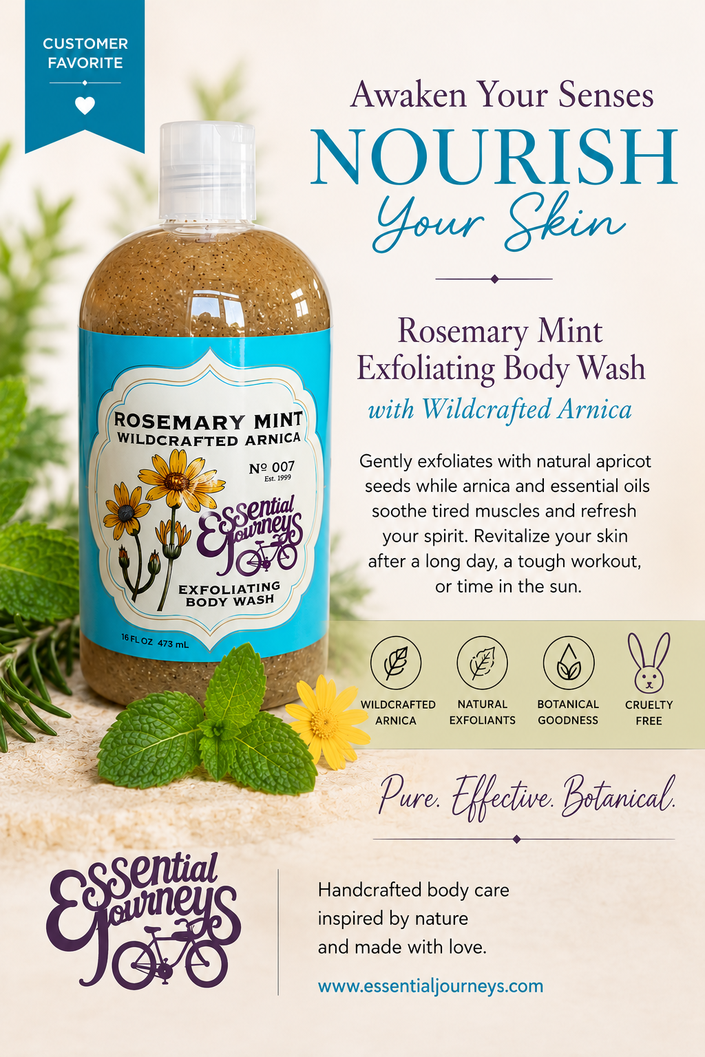 ROSEMARY MINT EXFOLIATING BODY WASH 16 oz. (with Arnica & Epsom Salt) detail view by Essential Journeys